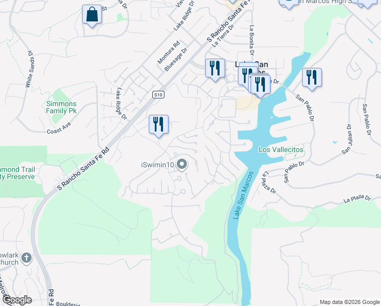 map of restaurants, bars, coffee shops, grocery stores, and more near 1204 Via Portovecchio in San Marcos