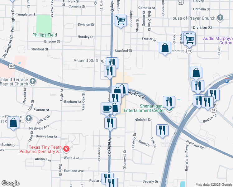 map of restaurants, bars, coffee shops, grocery stores, and more near 5013 Wesley Street in Greenville