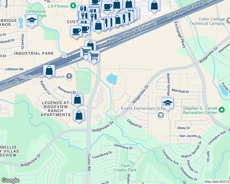 map of restaurants, bars, coffee shops, grocery stores, and more near 2115 Grassland Court in Allen