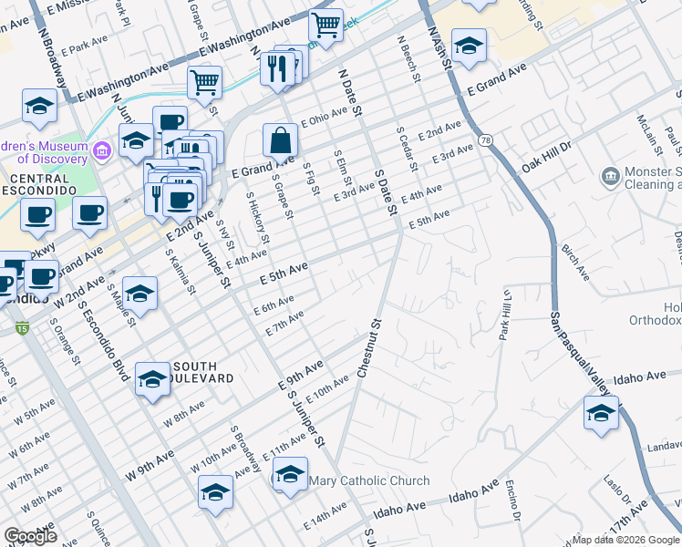 map of restaurants, bars, coffee shops, grocery stores, and more near 702 East 7th Avenue in Escondido