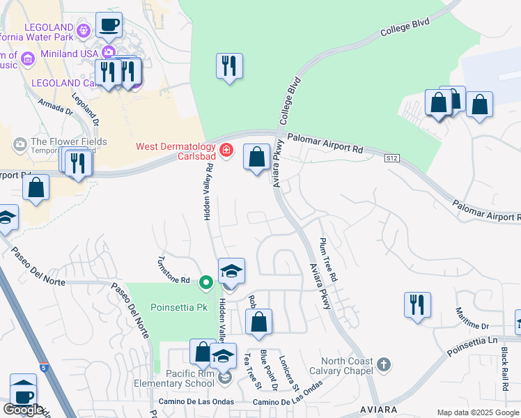 map of restaurants, bars, coffee shops, grocery stores, and more near 1400 Flame Tree Lane in Carlsbad