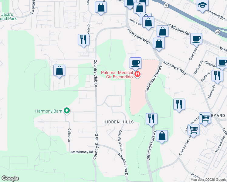 map of restaurants, bars, coffee shops, grocery stores, and more near 833 Chateau Place in Escondido