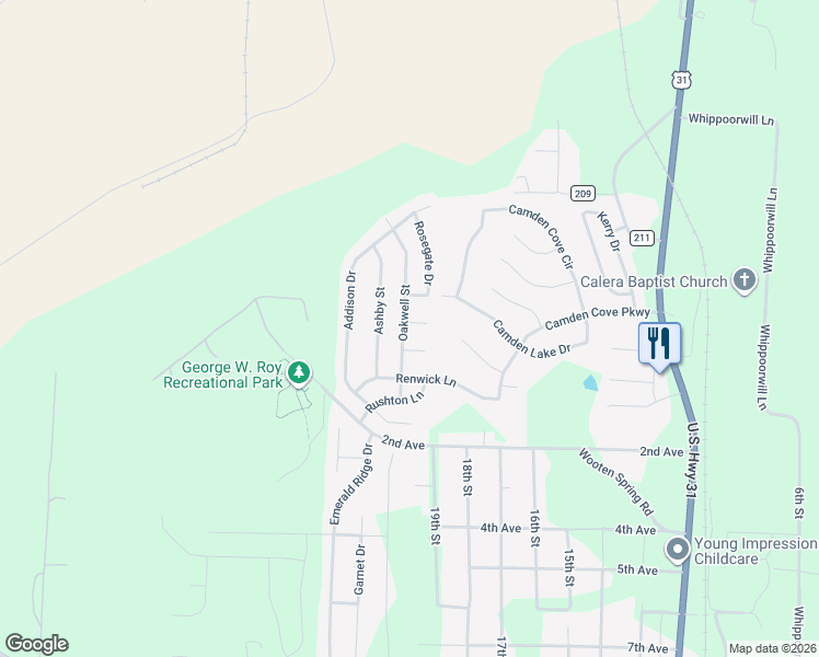 map of restaurants, bars, coffee shops, grocery stores, and more near 400 Oakwell Cove in Calera