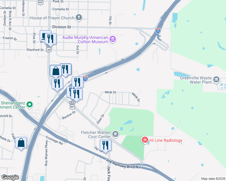 map of restaurants, bars, coffee shops, grocery stores, and more near 528 Mink Drive in Greenville