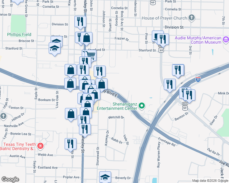 map of restaurants, bars, coffee shops, grocery stores, and more near 2503 Frontage Road in Greenville