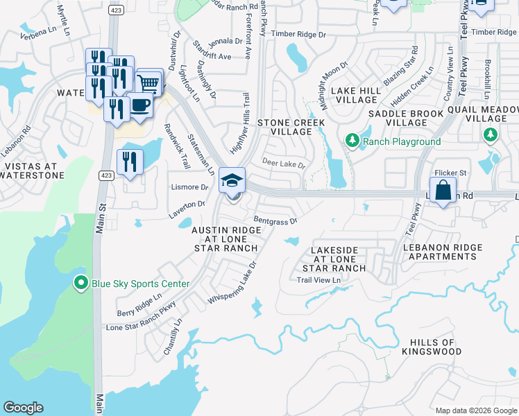 map of restaurants, bars, coffee shops, grocery stores, and more near 1124 Bentgrass Drive in Frisco