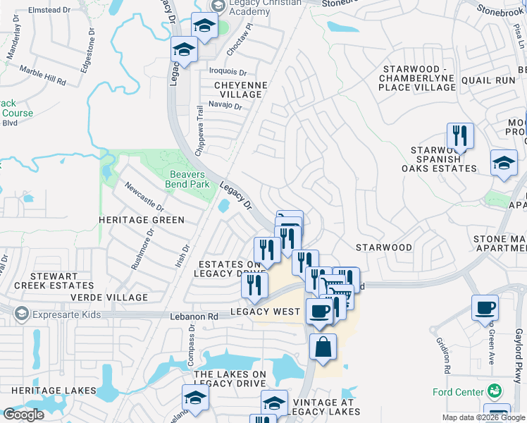 map of restaurants, bars, coffee shops, grocery stores, and more near 5079 Stillwater Trail in Frisco