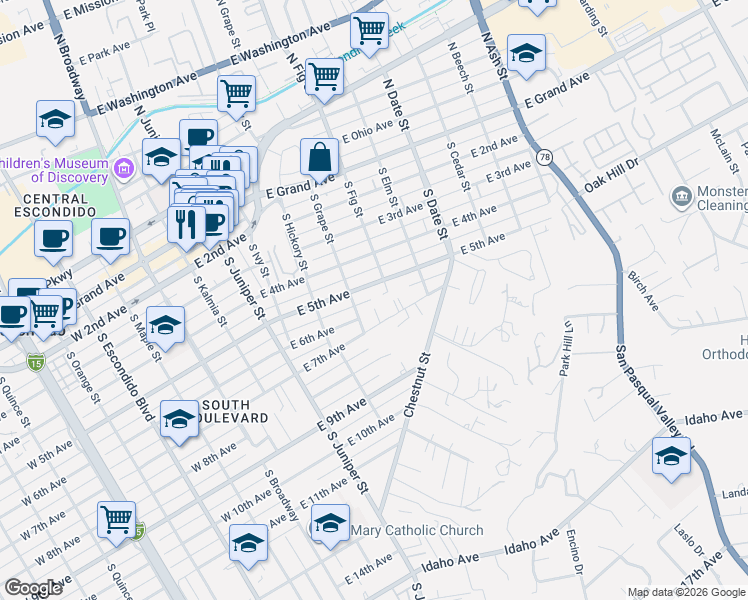map of restaurants, bars, coffee shops, grocery stores, and more near 514 South Grape Street in Escondido