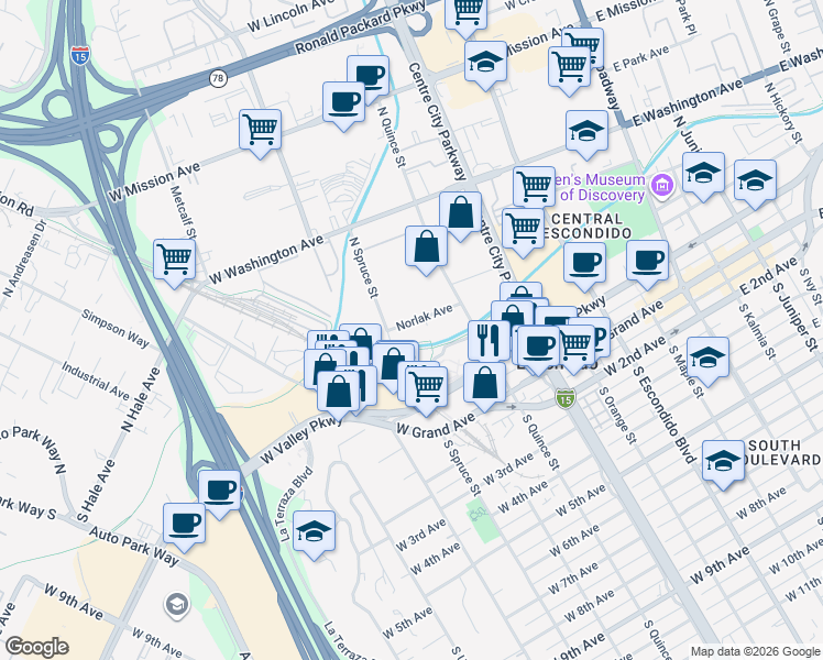 map of restaurants, bars, coffee shops, grocery stores, and more near Inland Rail Trail in Escondido