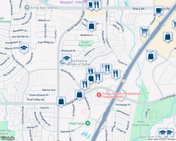 map of restaurants, bars, coffee shops, grocery stores, and more near 865 Stockton Drive in Allen