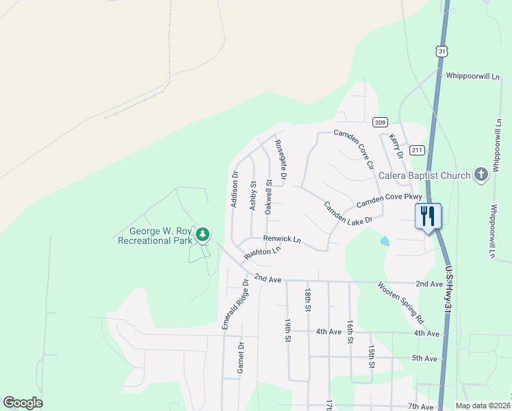 map of restaurants, bars, coffee shops, grocery stores, and more near 129 Ashby Street in Calera