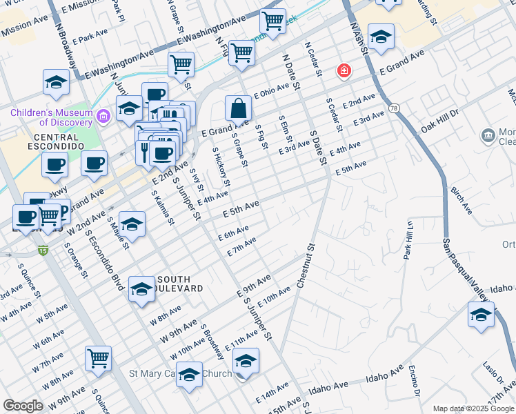 map of restaurants, bars, coffee shops, grocery stores, and more near 565 East 5th Avenue in Escondido
