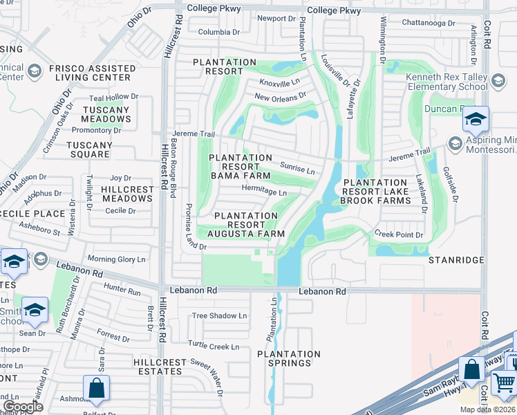 map of restaurants, bars, coffee shops, grocery stores, and more near 5004 Ashland Belle Lane in Frisco