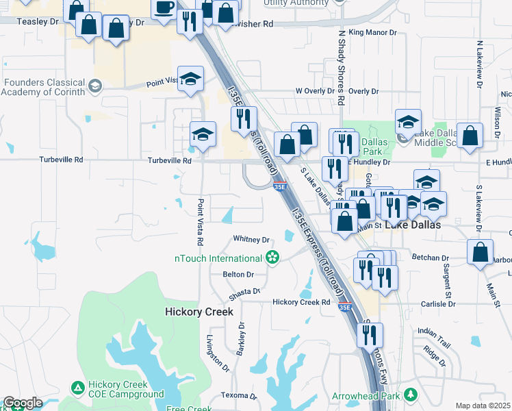 map of restaurants, bars, coffee shops, grocery stores, and more near 207 Virginia Lane in Hickory Creek