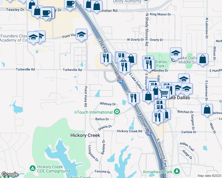 map of restaurants, bars, coffee shops, grocery stores, and more near 207 Virginia Lane in Hickory Creek