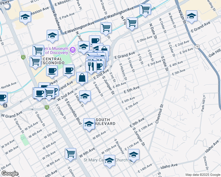 map of restaurants, bars, coffee shops, grocery stores, and more near South Juniper Street & East 4th Avenue in Escondido