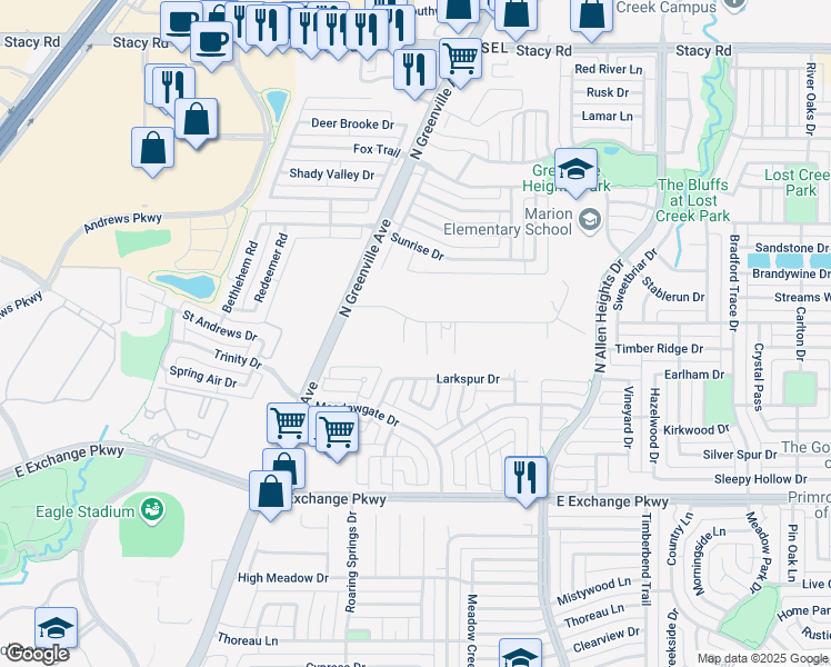 map of restaurants, bars, coffee shops, grocery stores, and more near 40 Buckingham Lane in Allen