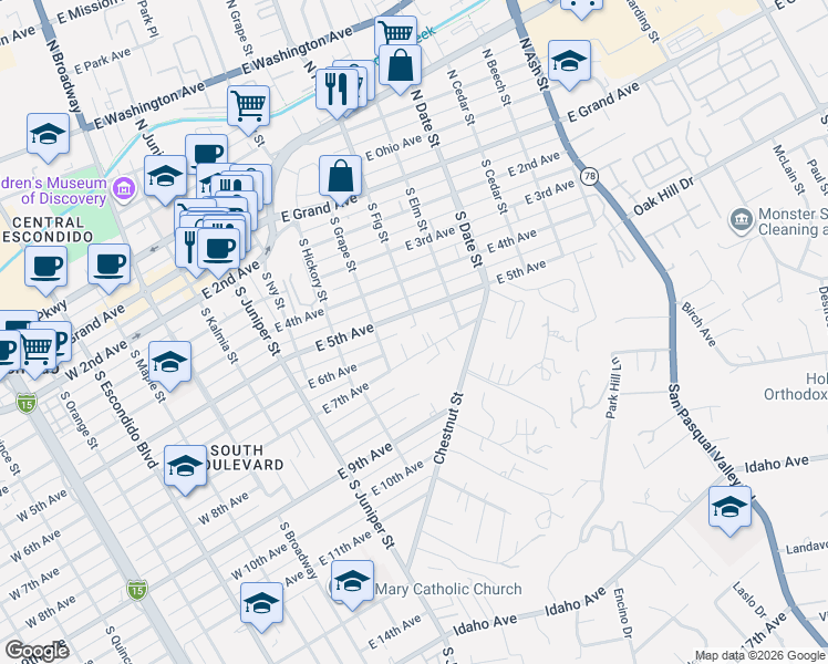 map of restaurants, bars, coffee shops, grocery stores, and more near 702 East 7th Avenue in Escondido