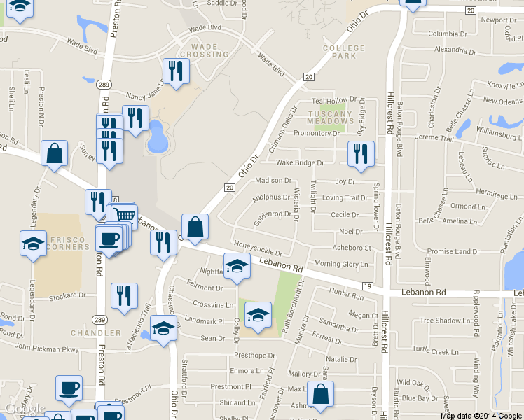 map of restaurants, bars, coffee shops, grocery stores, and more near 5021 Goldenrod Drive in Frisco