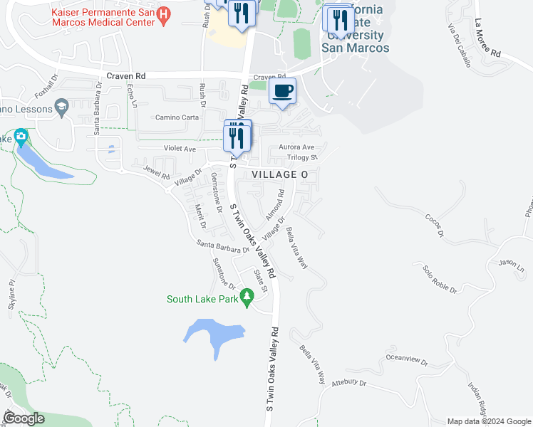 map of restaurants, bars, coffee shops, grocery stores, and more near 716 Almond Road in San Marcos