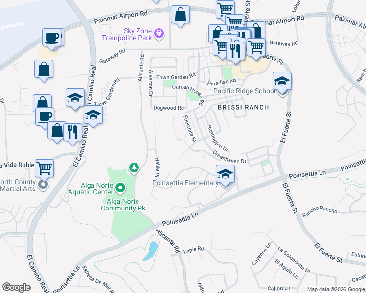 map of restaurants, bars, coffee shops, grocery stores, and more near 2574 Muirfields Drive in Carlsbad