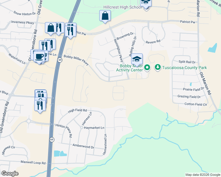 map of restaurants, bars, coffee shops, grocery stores, and more near 9300 Carolyn Way in Tuscaloosa