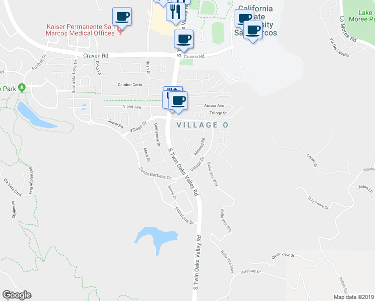 map of restaurants, bars, coffee shops, grocery stores, and more near 725 Kellogg Street in San Marcos