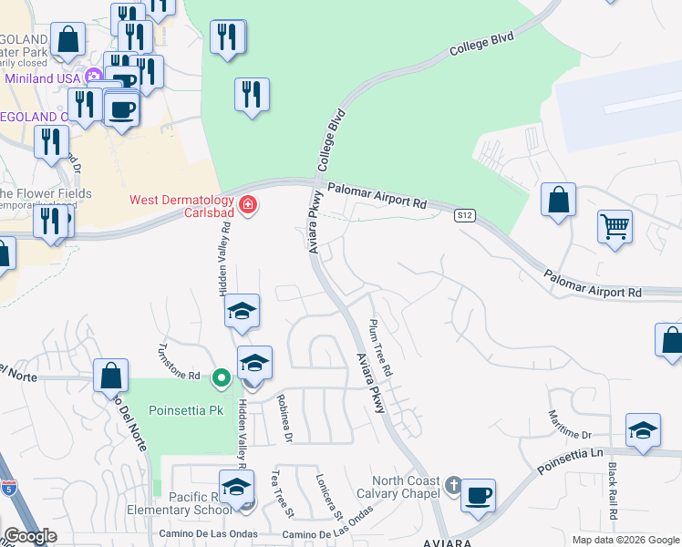 map of restaurants, bars, coffee shops, grocery stores, and more near 1321 Laurel Tree Lane in Carlsbad