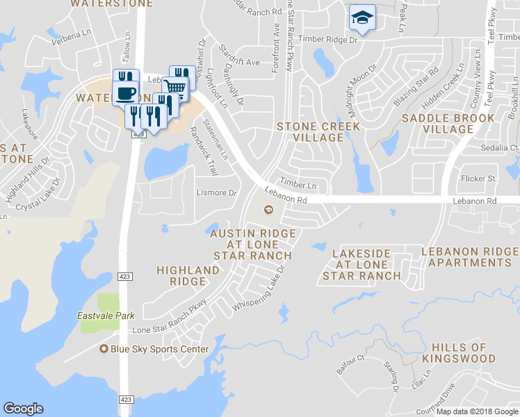 map of restaurants, bars, coffee shops, grocery stores, and more near 5050 Lone Star Ranch Parkway in Frisco