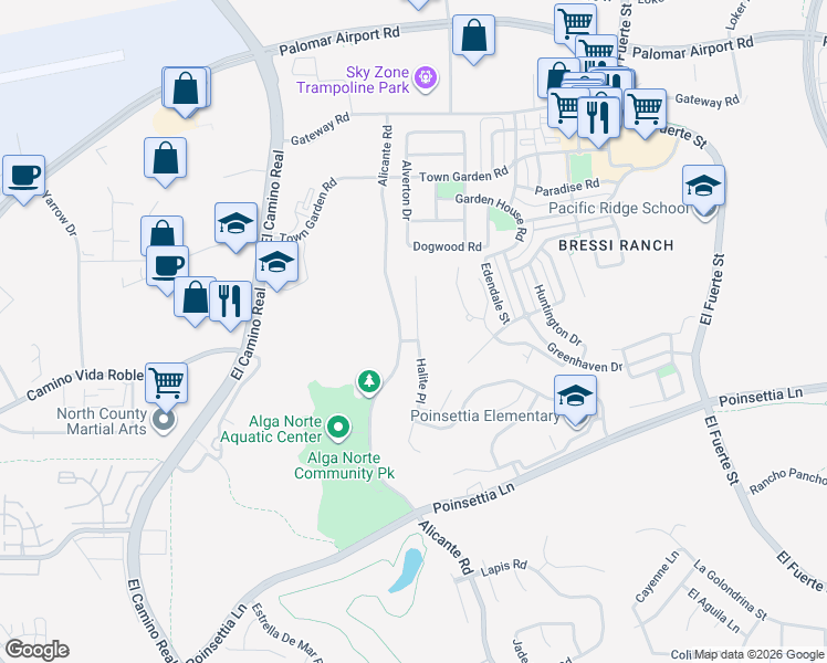 map of restaurants, bars, coffee shops, grocery stores, and more near 6599 Halite Place in Carlsbad