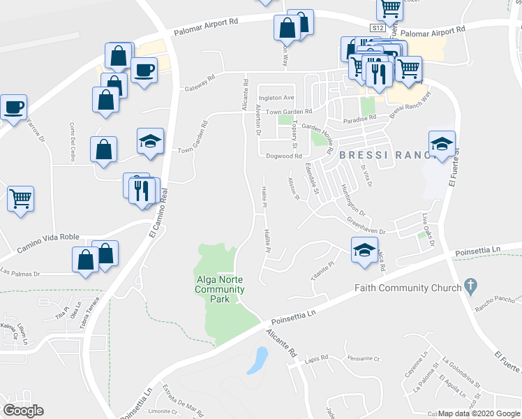 map of restaurants, bars, coffee shops, grocery stores, and more near 6599 Halite Place in Carlsbad