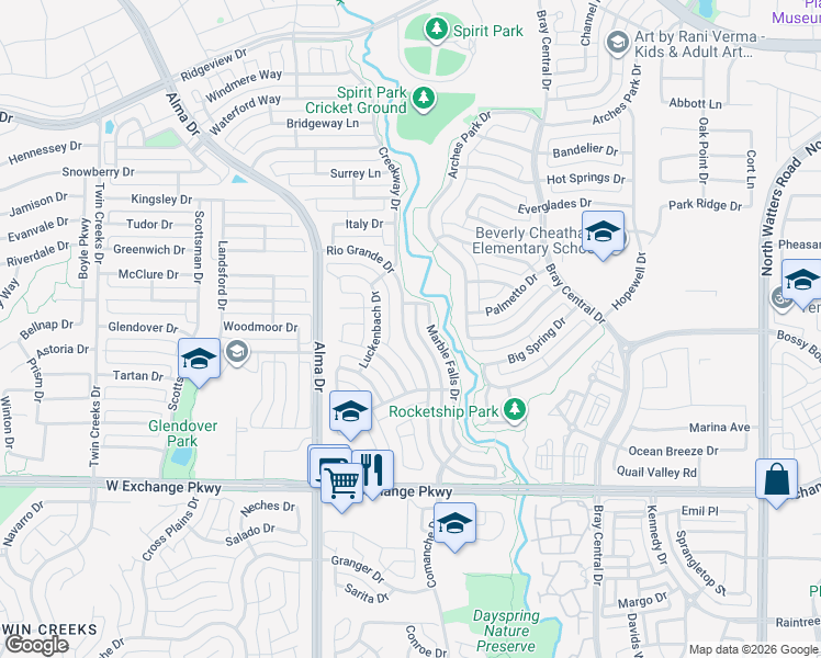 map of restaurants, bars, coffee shops, grocery stores, and more near 1324 Rio Grande Drive in Allen