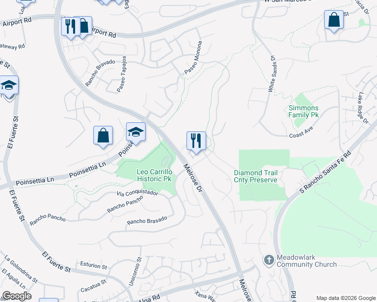 map of restaurants, bars, coffee shops, grocery stores, and more near 3114 Via Puerta in Carlsbad