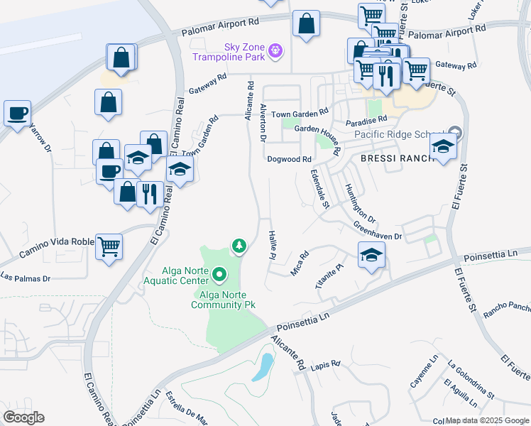 map of restaurants, bars, coffee shops, grocery stores, and more near 6599 Halite Place in Carlsbad