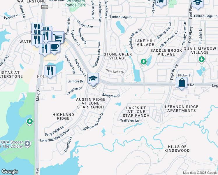 map of restaurants, bars, coffee shops, grocery stores, and more near 1180 Ranch Gate Lane in Frisco