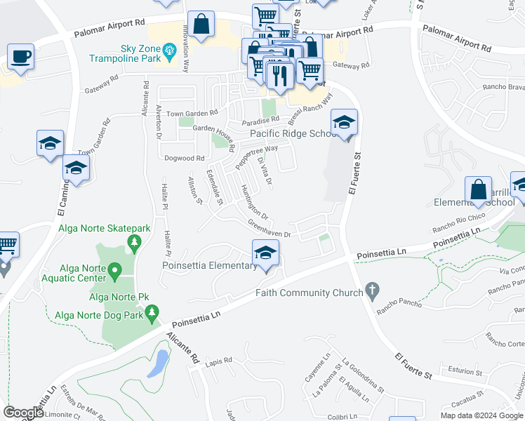 map of restaurants, bars, coffee shops, grocery stores, and more near 6360 Huntington Drive in Carlsbad