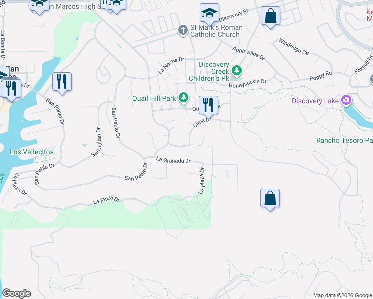 map of restaurants, bars, coffee shops, grocery stores, and more near 1320 La Granada Drive in San Marcos