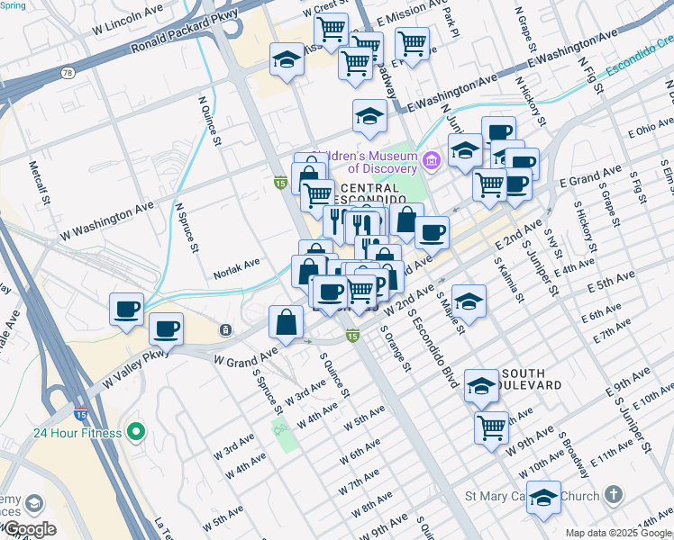 map of restaurants, bars, coffee shops, grocery stores, and more near 150 Centre City Parkway in Escondido