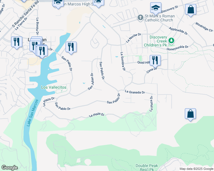 map of restaurants, bars, coffee shops, grocery stores, and more near 1154 San Pablo Drive in San Marcos