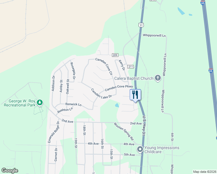 map of restaurants, bars, coffee shops, grocery stores, and more near 180 Camden Cove Parkway in Calera