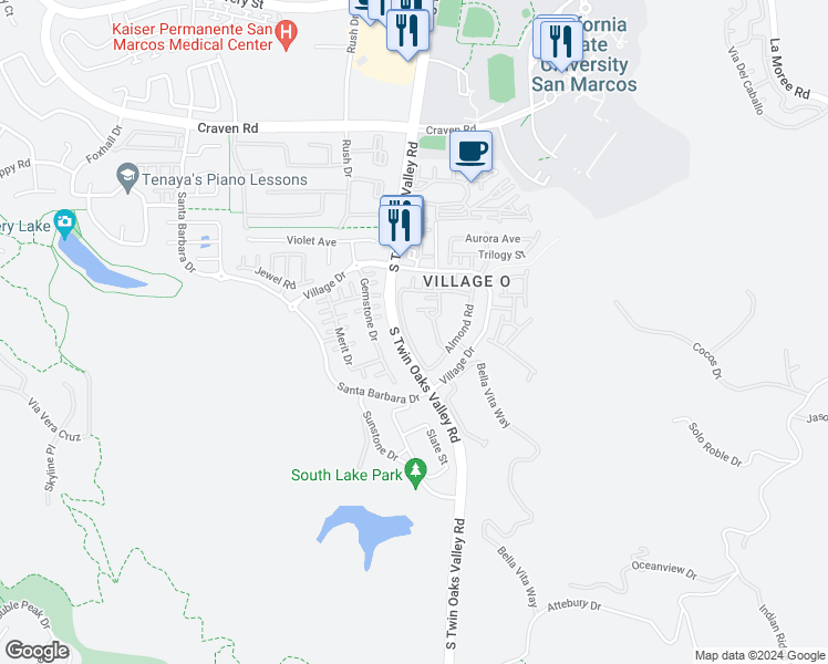 map of restaurants, bars, coffee shops, grocery stores, and more near 725 Kellogg Street in San Marcos
