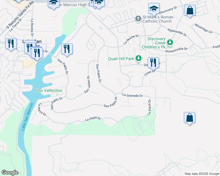 map of restaurants, bars, coffee shops, grocery stores, and more near 1169 San Pablo Drive in San Marcos