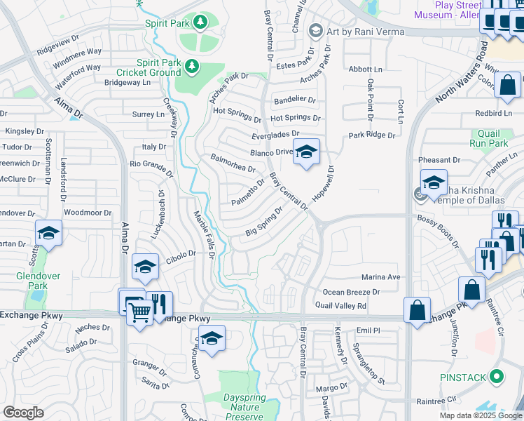 map of restaurants, bars, coffee shops, grocery stores, and more near 1045 Enchanted Rock Drive in Allen
