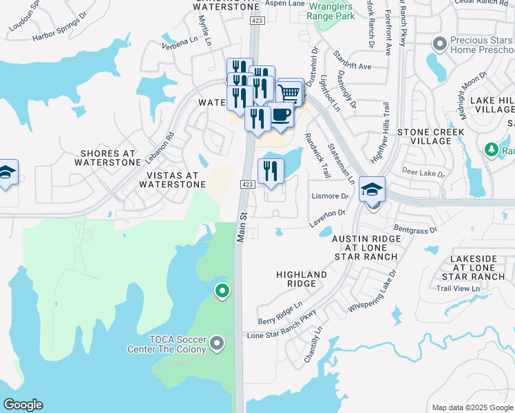 map of restaurants, bars, coffee shops, grocery stores, and more near 5050 Farm to Market Road 423 in Frisco