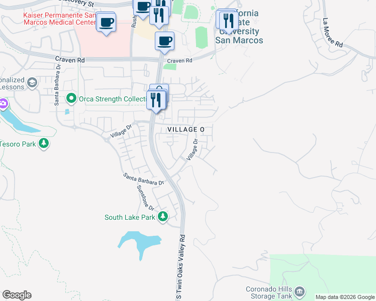 map of restaurants, bars, coffee shops, grocery stores, and more near 532 Almond Road in San Marcos