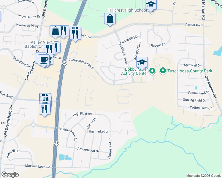 map of restaurants, bars, coffee shops, grocery stores, and more near 9300 Carolyn Way in Tuscaloosa