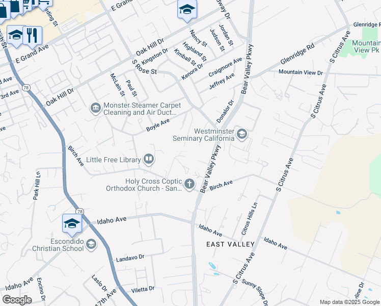 map of restaurants, bars, coffee shops, grocery stores, and more near 1261 Birch Way in Escondido