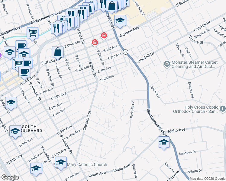 map of restaurants, bars, coffee shops, grocery stores, and more near 1013 Circle Drive in Escondido