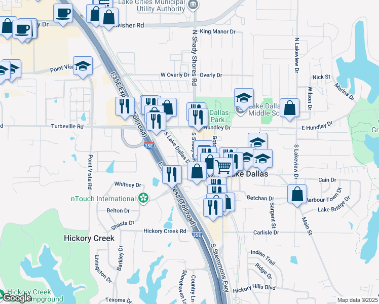 map of restaurants, bars, coffee shops, grocery stores, and more near 201 North Shady Shores Road in Lake Dallas