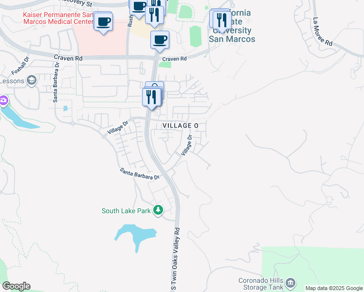 map of restaurants, bars, coffee shops, grocery stores, and more near 539 Almond Road in San Marcos